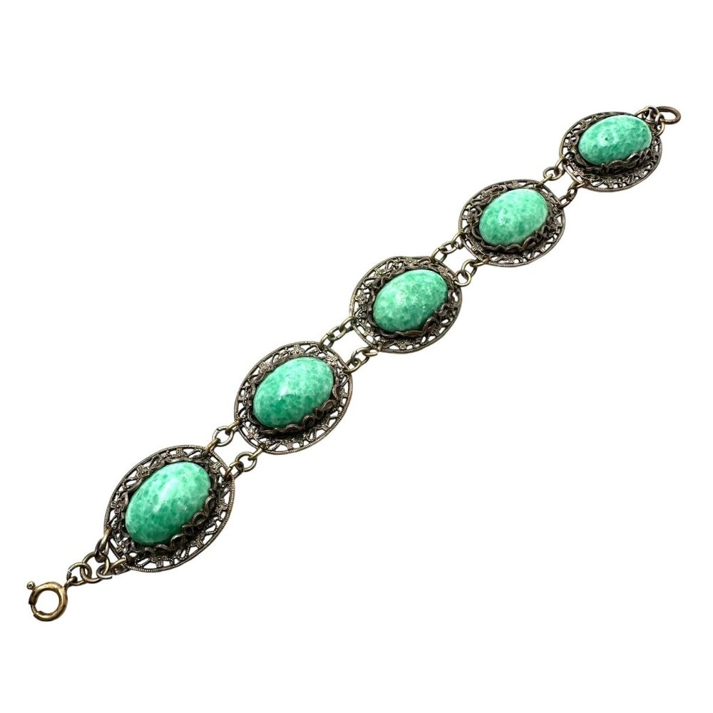 Vintage Czech Green Peking Glass Antiqued Gold Tone Bracelet 7 Inch